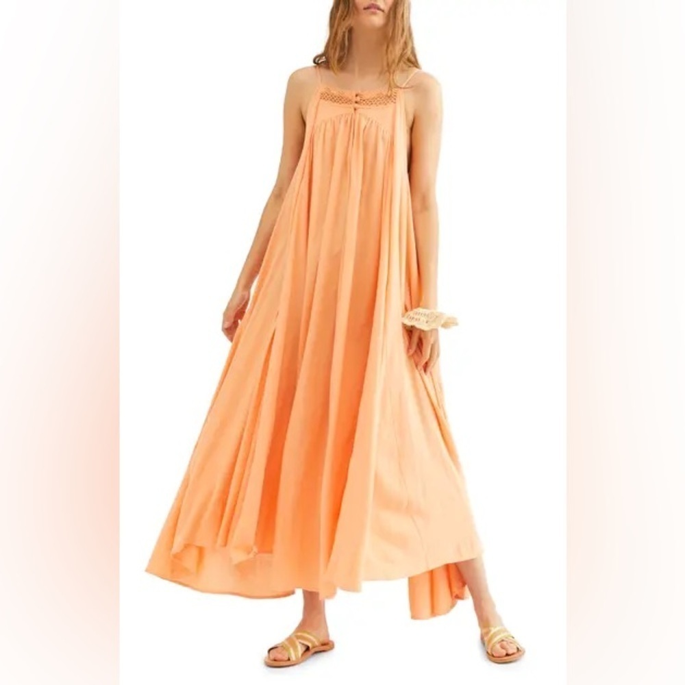 Free People Endless Summer Peach Orange Cotton Mancora Maxi Dress EUC Size Small